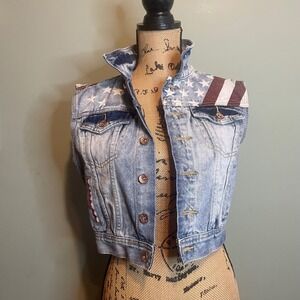 Womens Western Star Stripes American Flag Country Ranch Rodeo Denim Vest Medium
